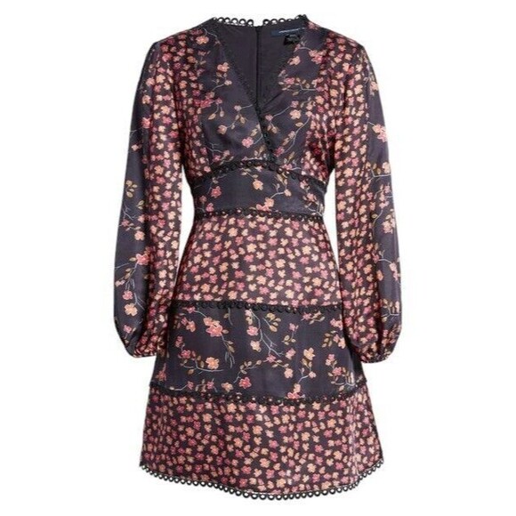 French Connection Daisy Crush Dress Size 6 NWT Navy Pink Floral Boho Mini Tiered - Picture 11 of 13